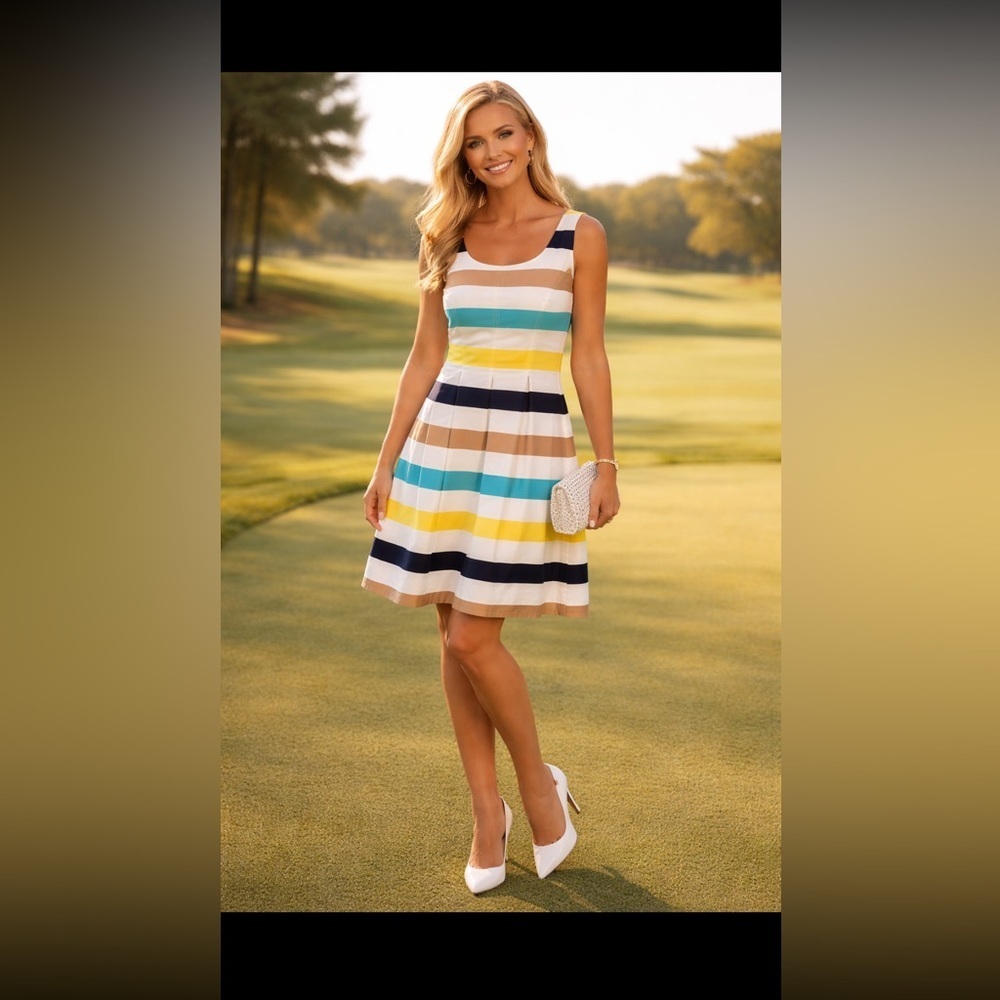 Women's Nine West Sleeveless Fit to Flare Striped Dress Size  14